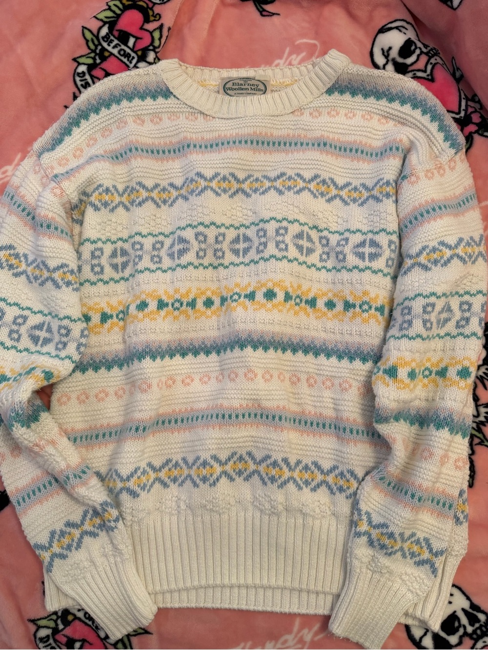 Cream Fair Isle Crewneck Sweater with Pastel Accents